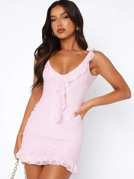 Take A Bow Lace Mini Dress - Baby Pink - Picture 1 of 6